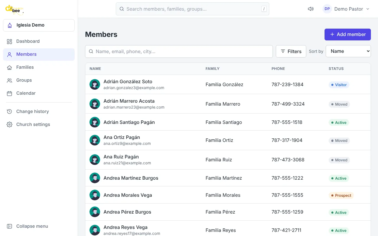 The members list with search and filters