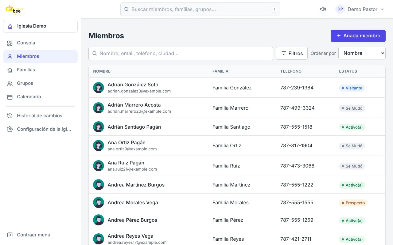 La lista de miembros con búsqueda y filtros