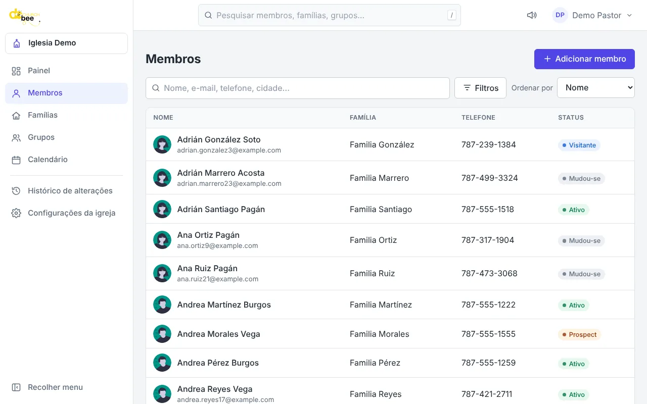 A lista de membros com pesquisa e filtros